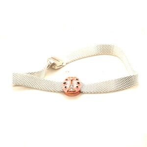 Pandora Reflexions Mesh Bracelet Sterling Silver Rose Ladybug Charm 7.5 Inch